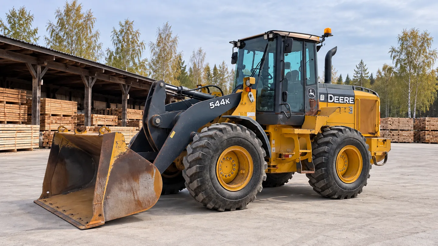John Deere 544K — wheel loader beside a timber mill and stacked boards.