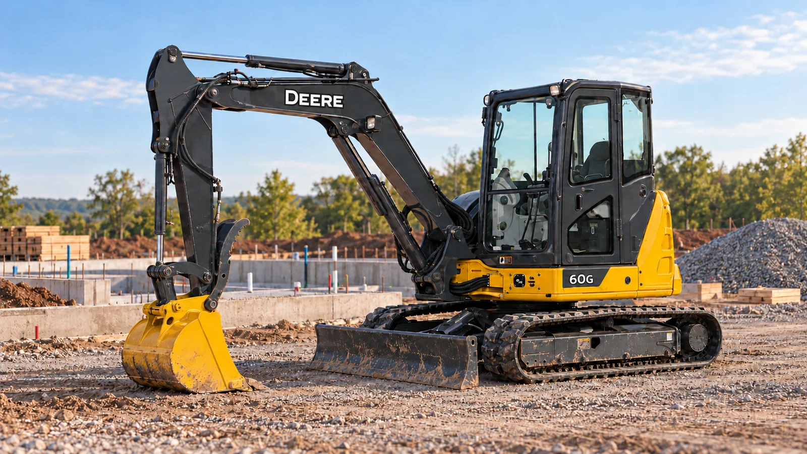 John Deere 60G excavator — illustration of a tracked excavator parked on a gravel construction site.
