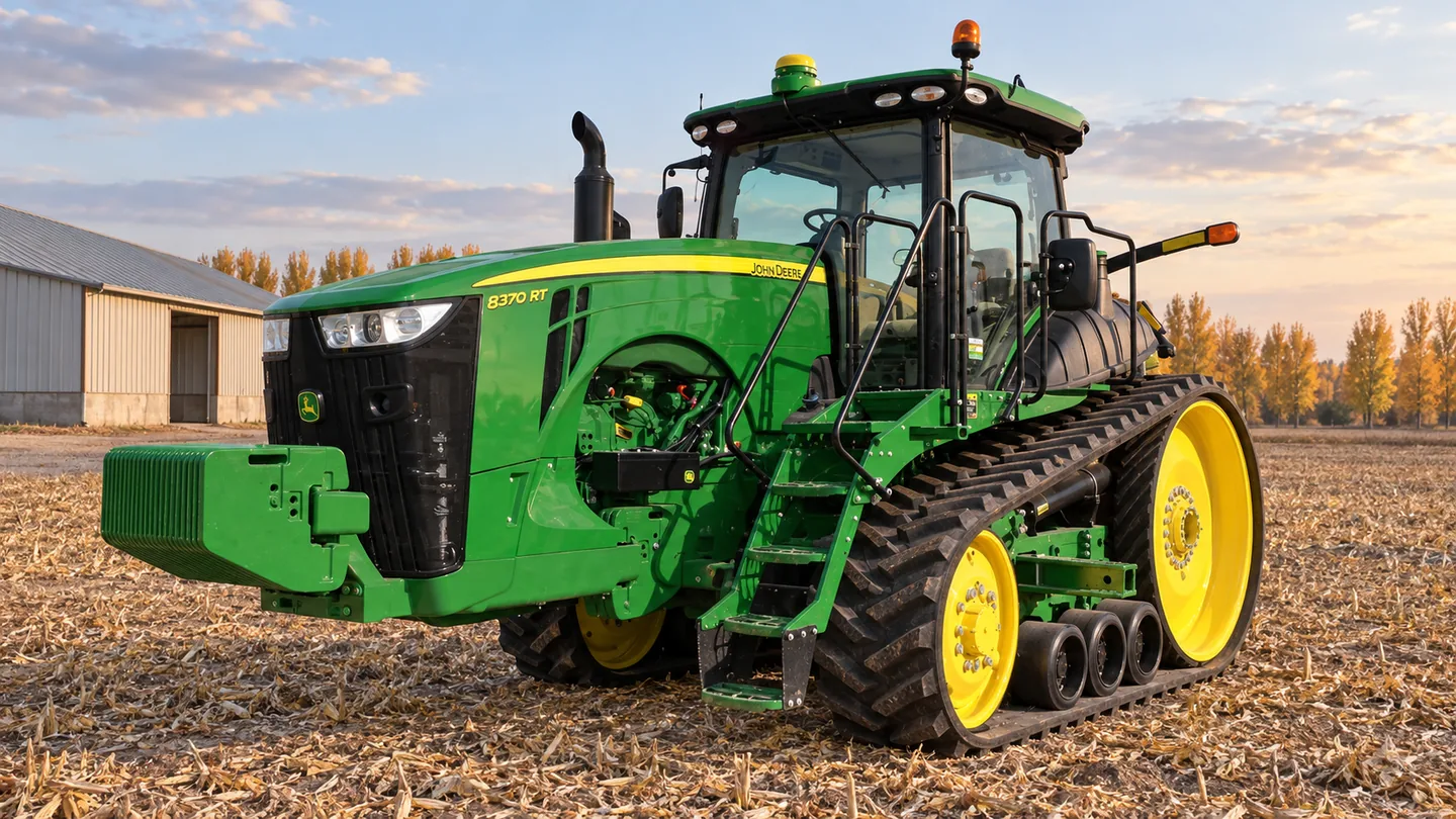 John Deere 8370RT tracked tractor on a harvested cornfield headland beside poplars and a farm shed