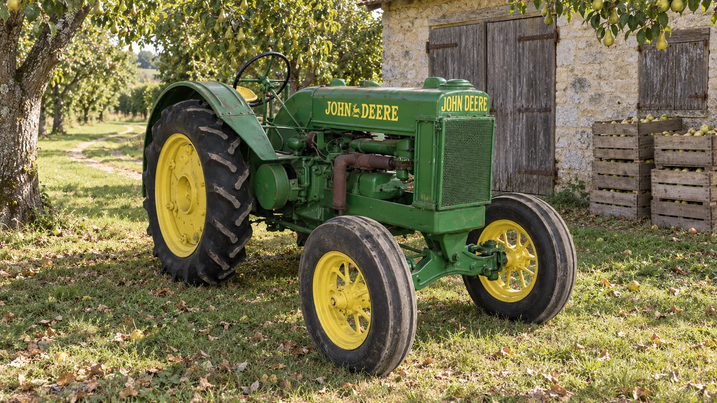 John Deere BO orchard tractor beside a limestone fruit store and pear trees