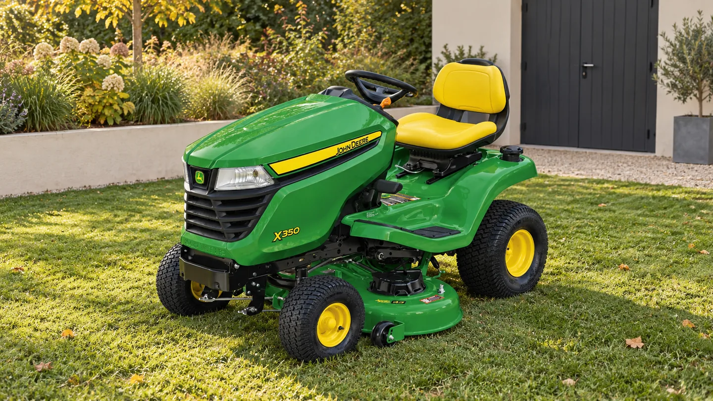 John Deere X350 lawn tractor with a green deck on a level lawn beside a pale planter and garden storage door.
