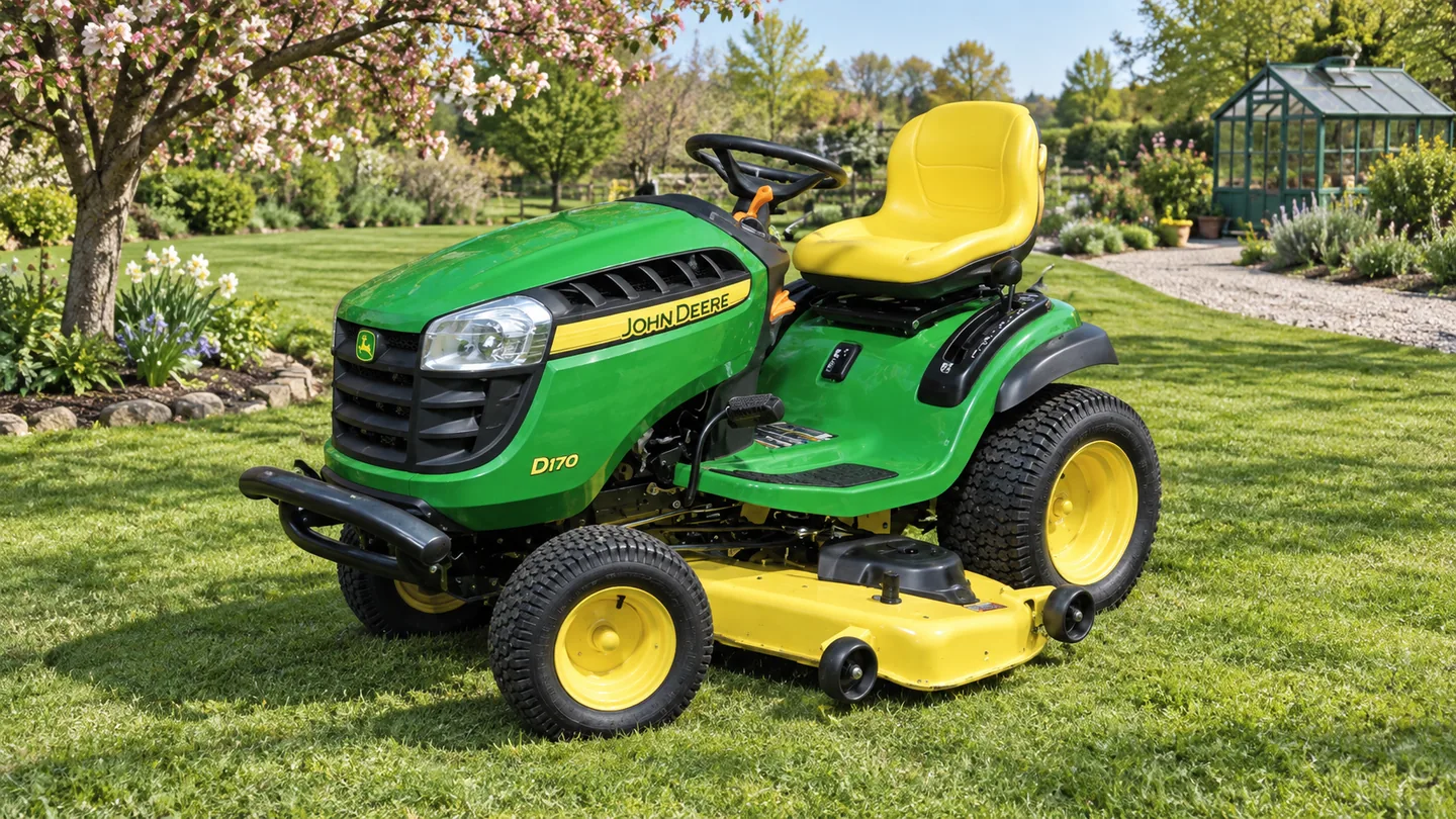 John Deere D170 lawn tractor beside flowering crabapple and a herb garden.
