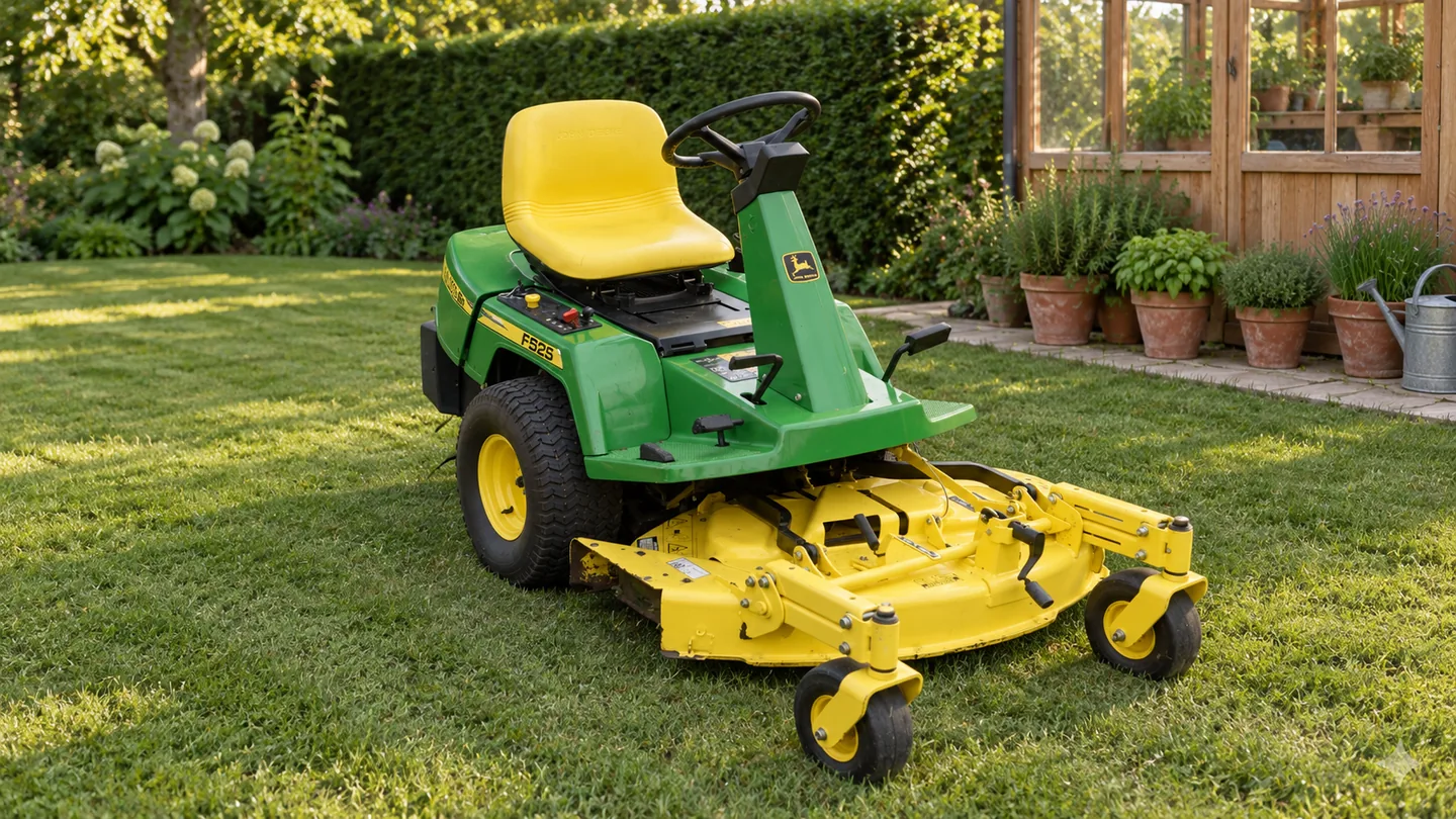 John Deere F525 front mower on a lawn beside a wooden greenhouse and terracotta herb pots.