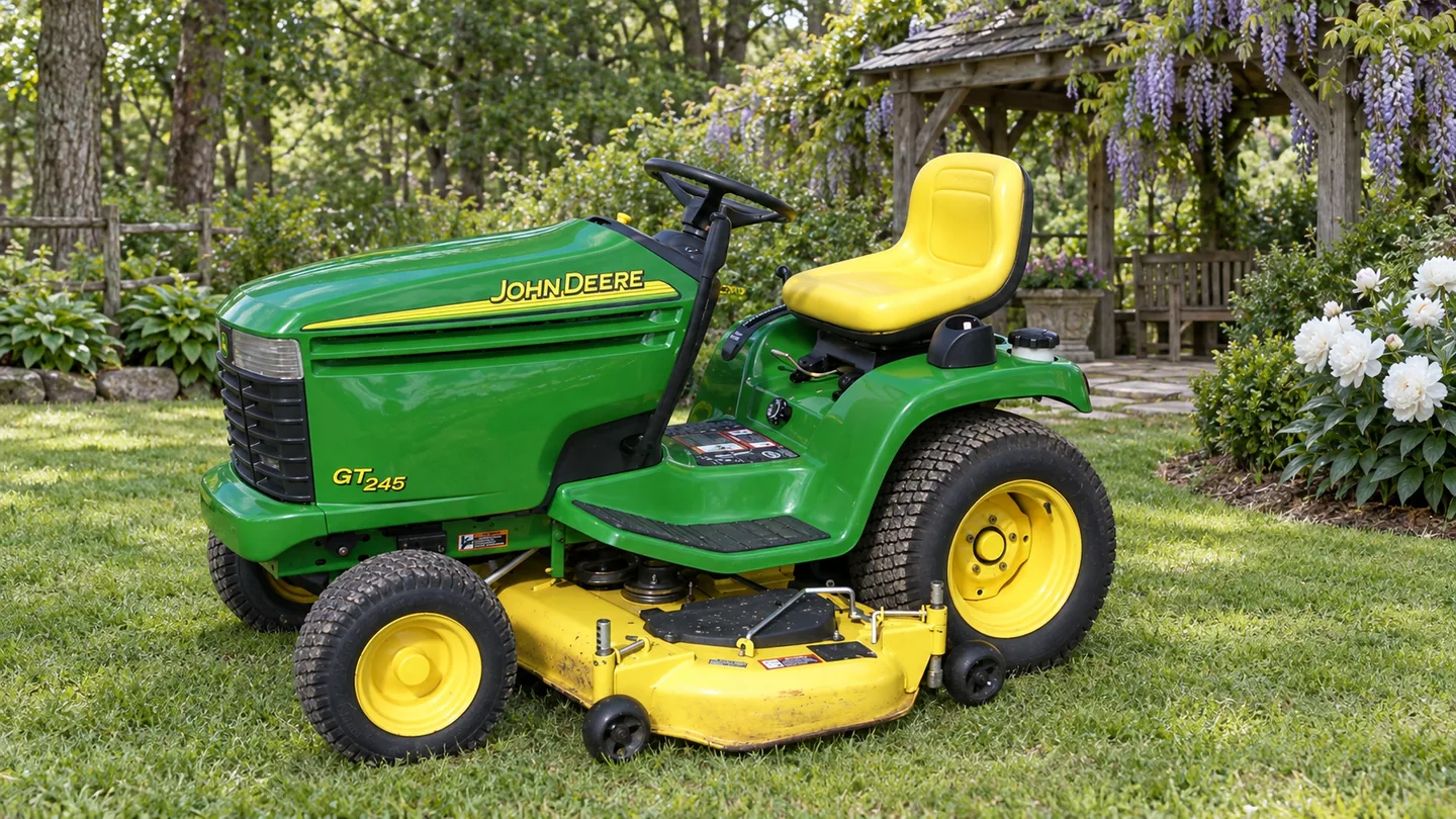 John Deere GT245 beside a wisteria pavilion and white peonies.