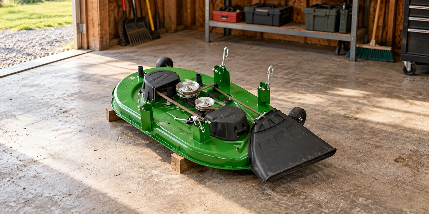 John Deere L100 mower deck — green replacement assembly on timber supports in a mower workshop.
