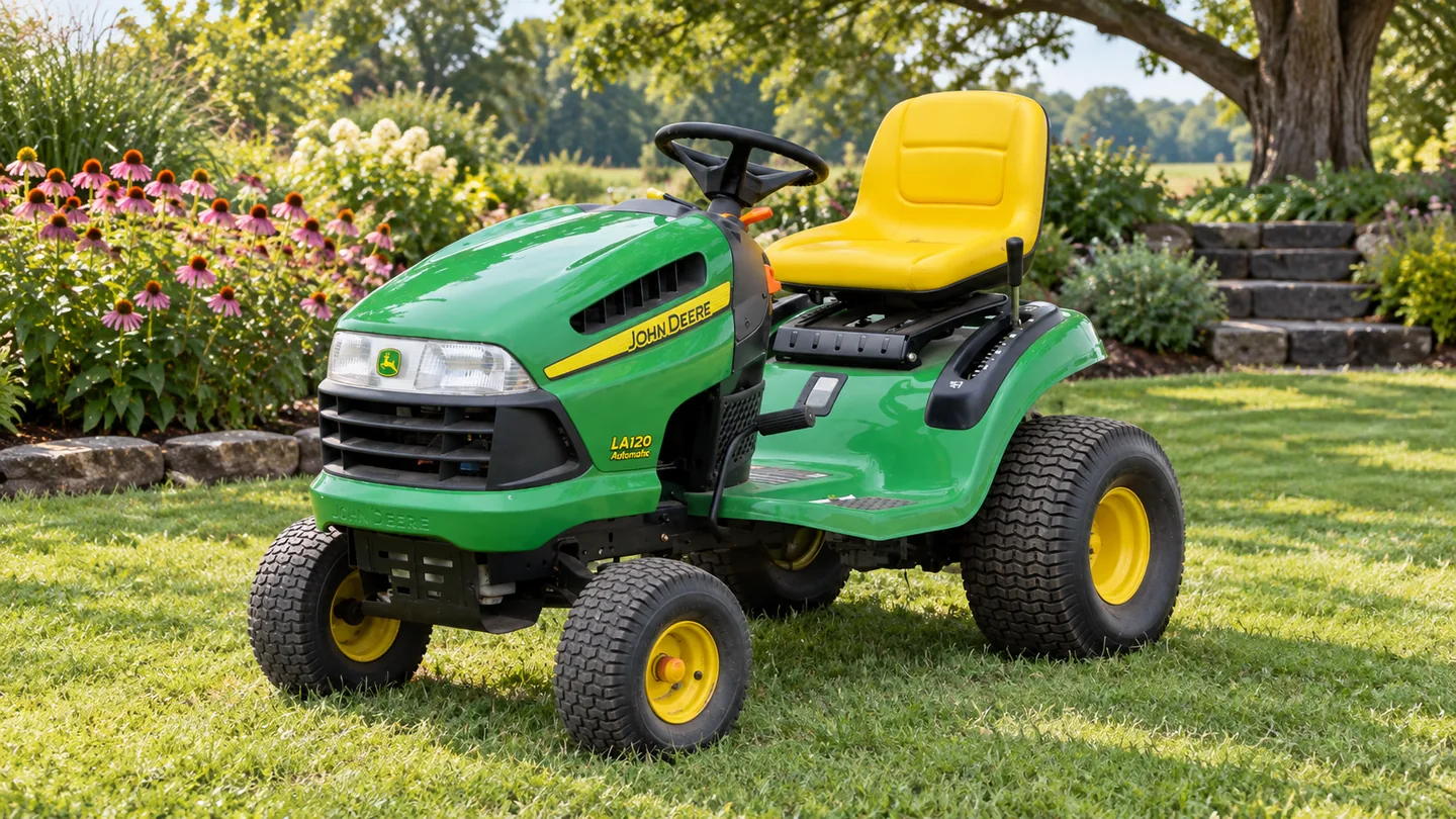 John Deere LA120 lawn tractor beside echinacea and basalt garden steps.