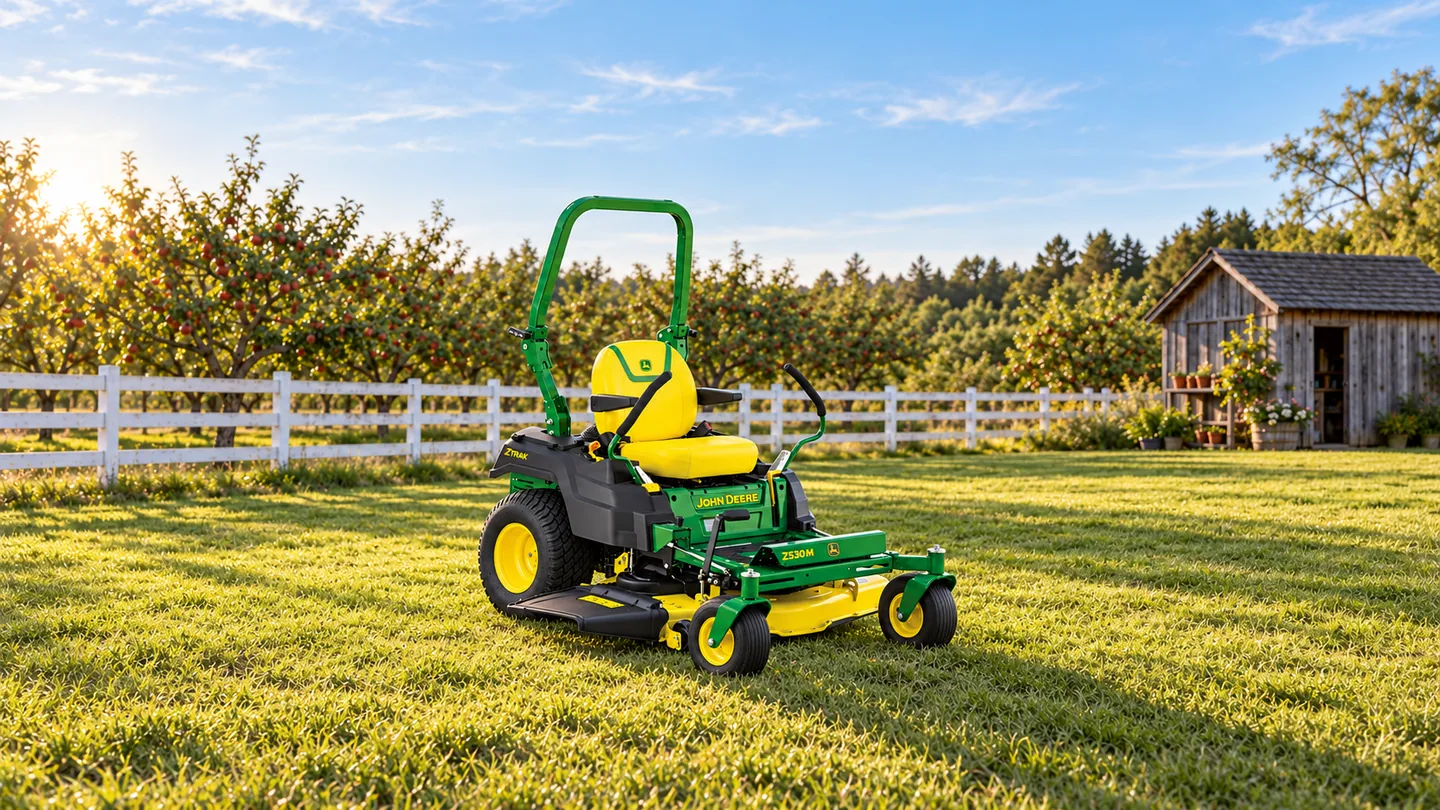 John Deere lawn tools — a Z530M on an orchard lawn beside a white rail fence and a timber potting shed.