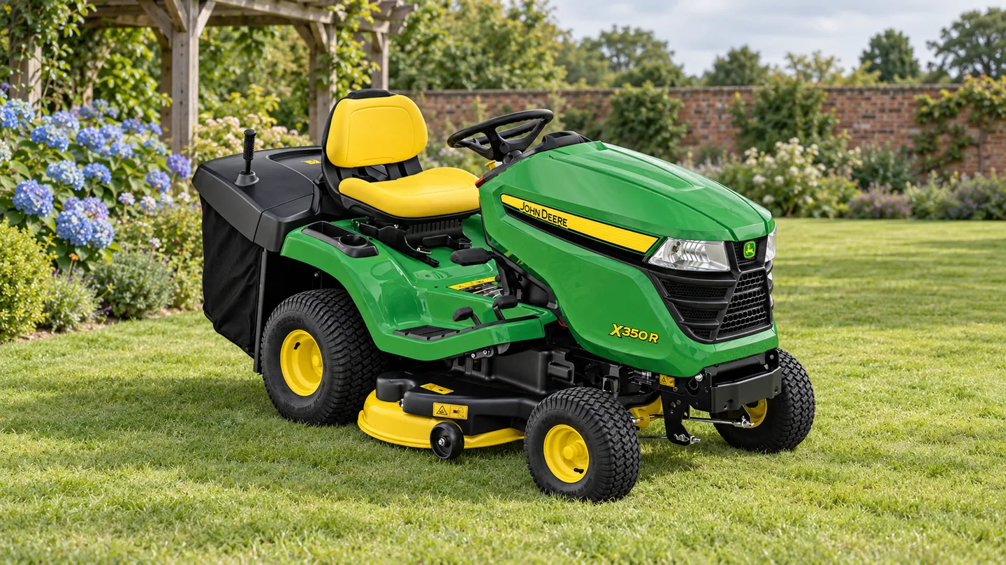 John Deere mower innovations — an X350R with an integrated rear collector beside a cedar pergola and blue hydrangeas.