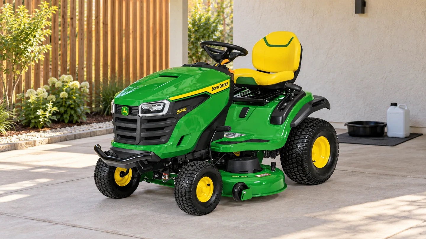 John Deere S240 lawn tractor with a green mower deck parked under a pale service carport.