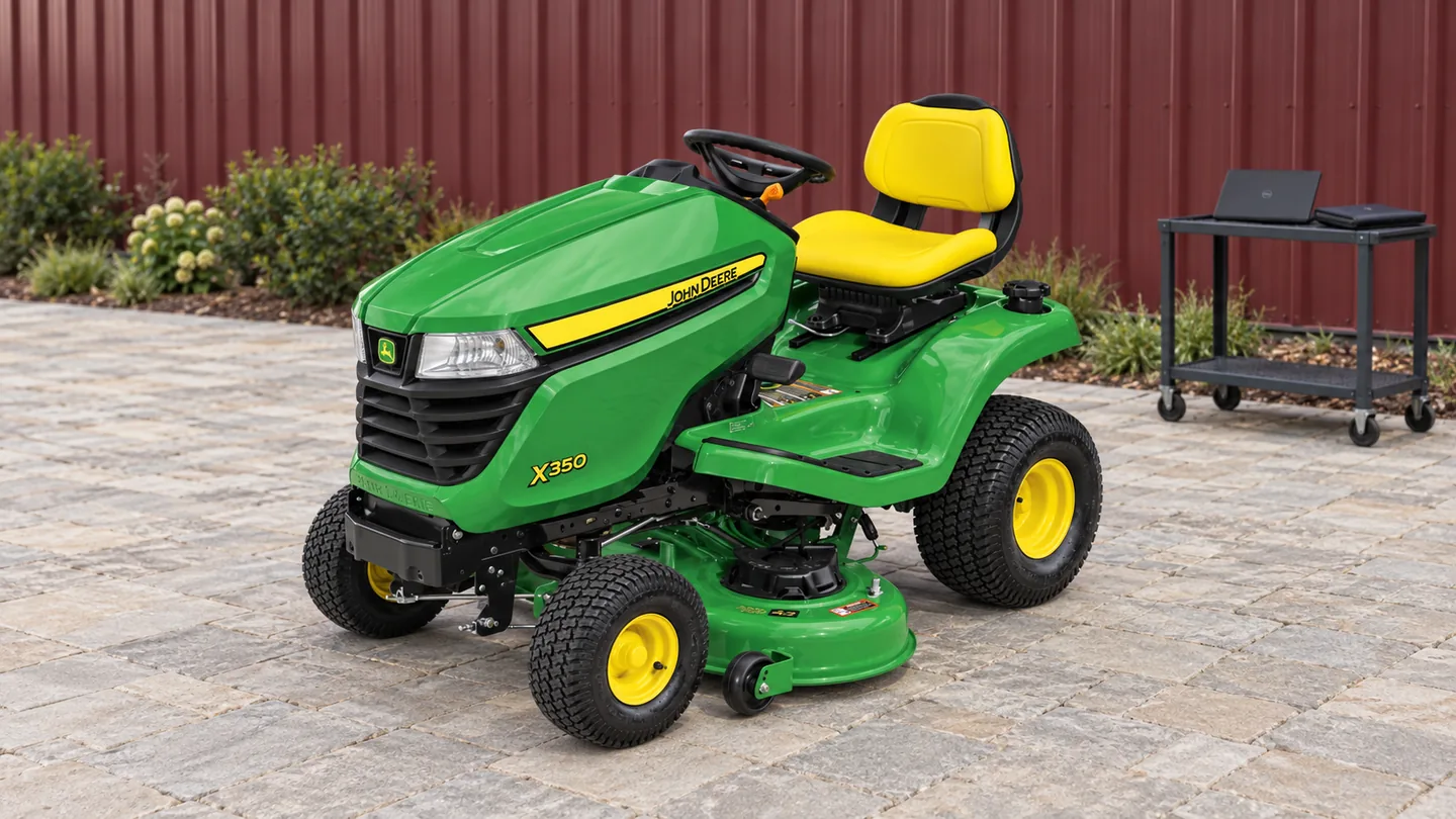 John Deere X350 lawn tractor with a green mower deck on pale stone paving beside a burgundy utility wall.
