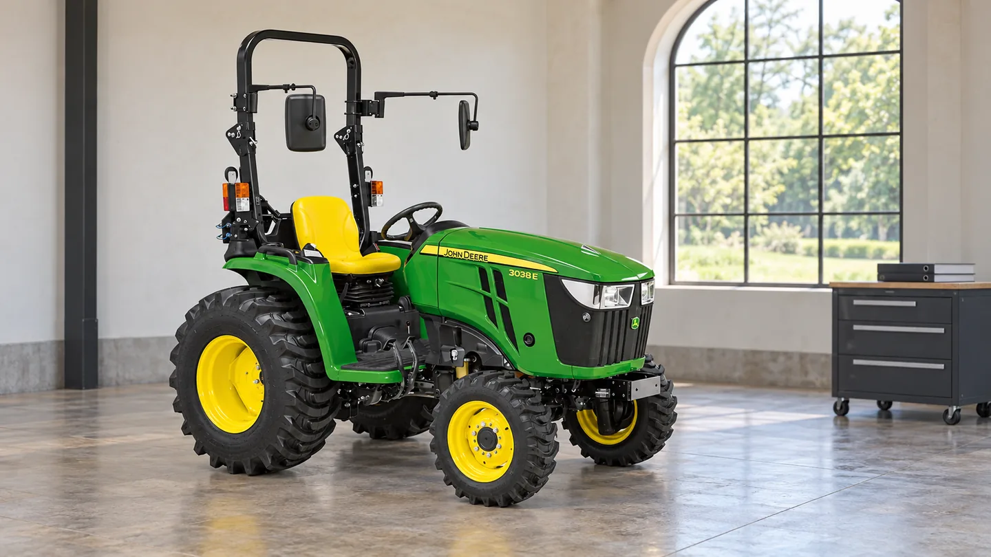 John Deere 3038E tractor with an upright roll bar and two mirrors in a bright indoor service bay.