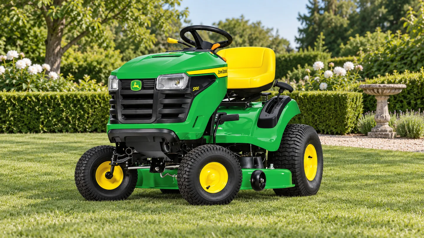 John Deere lawn maintenance: an S100 lawn tractor on a level lawn beside clipped box hedges and a stone birdbath.