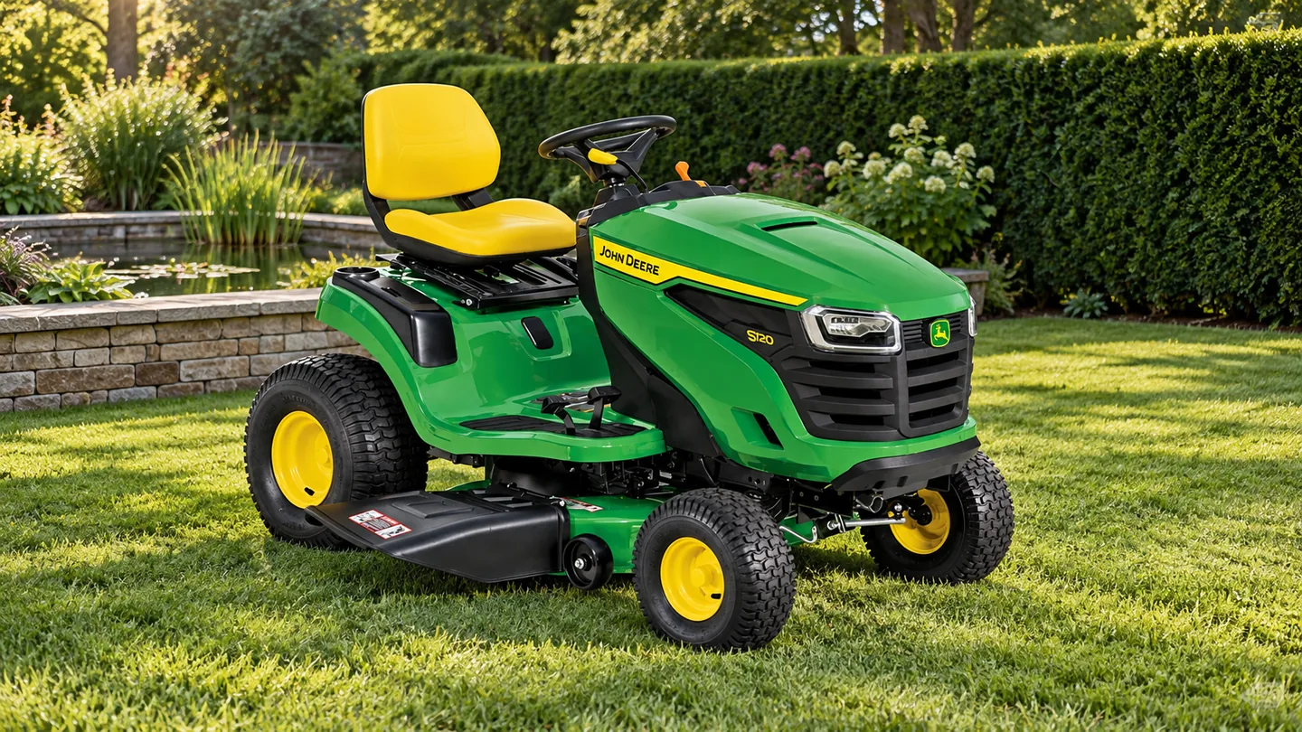 John Deere S120 lawn tractor parked on a level lawn beside a small rectangular stone-edged garden pond and a clipped yew hedge in soft afternoon light.