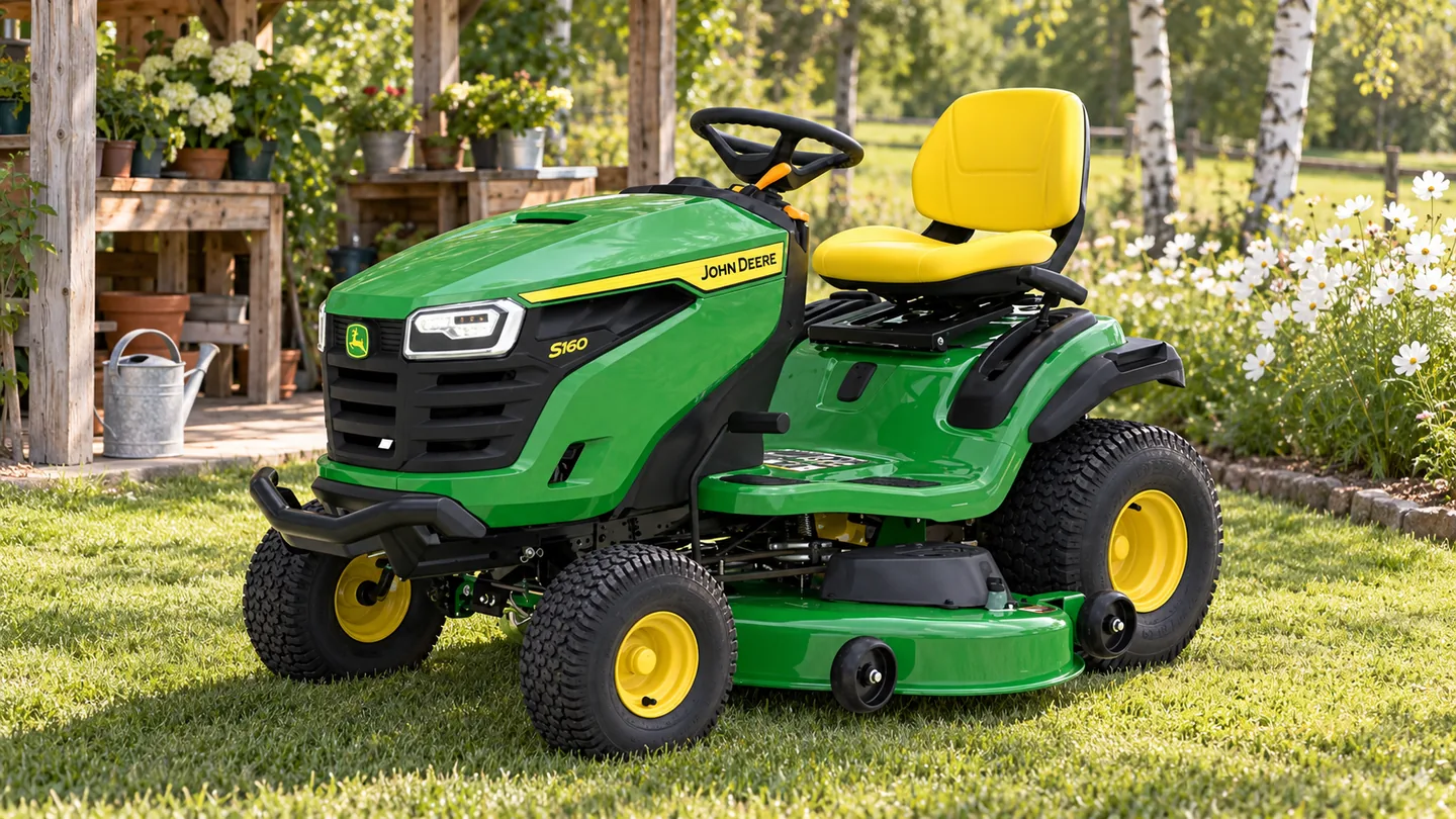 John Deere S160 parked on a level lawn beside an open birch-timber potting shelter, a galvanized watering can and a curved bed of white cosmos