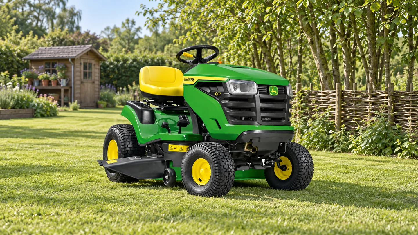 John Deere X107 lawn tractor beside a hazel fence and timber potting shed.