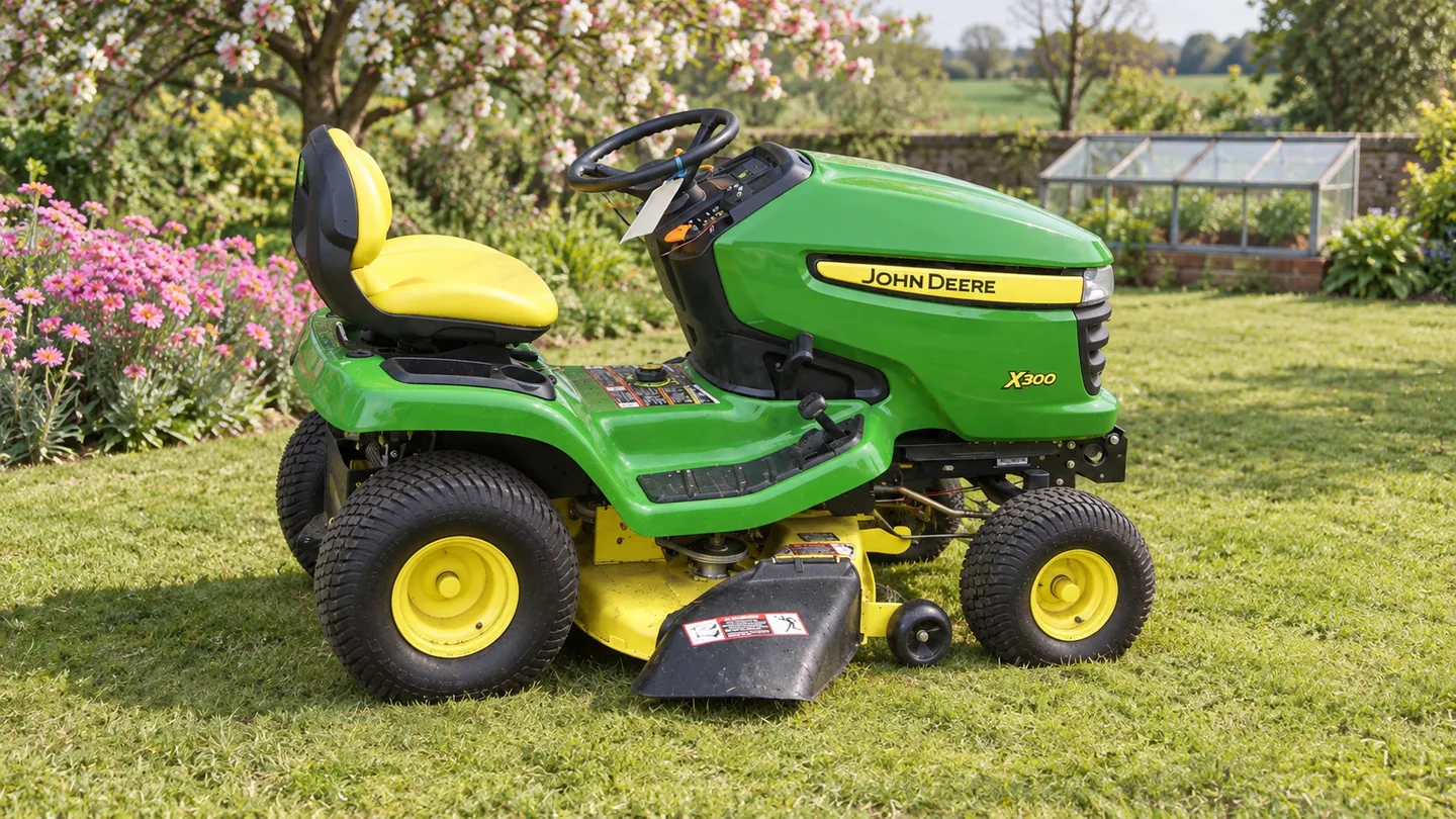 John Deere X300 lawn tractor beside pink dianthus and a glass garden hotbed.