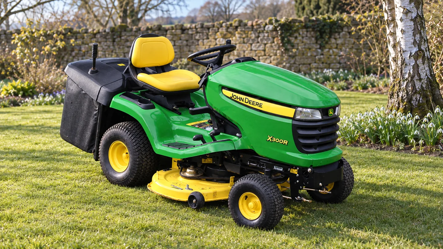 John Deere X300R lawn tractor beside snowdrops and a honey-coloured stone wall.