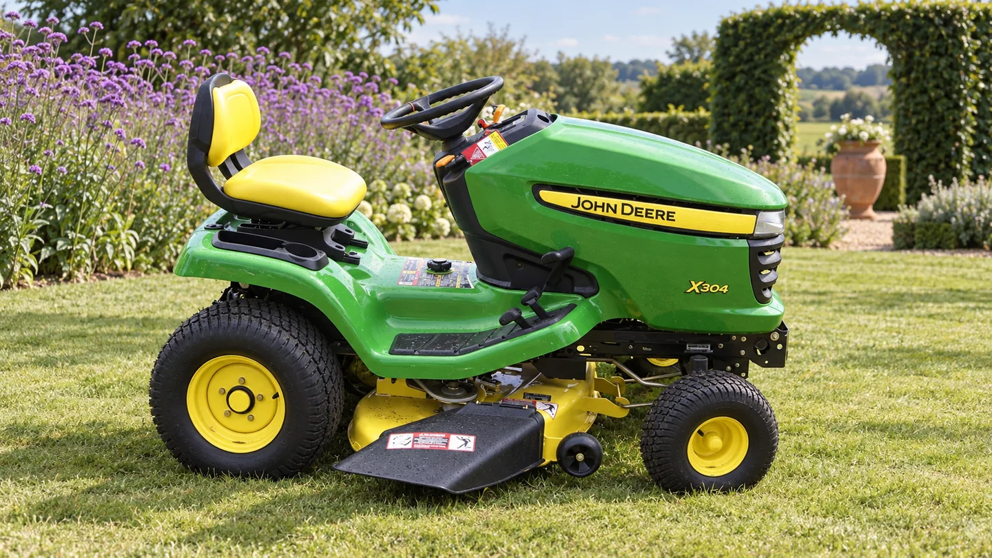 John Deere X304 lawn tractor beside purple verbena and a clay garden urn.