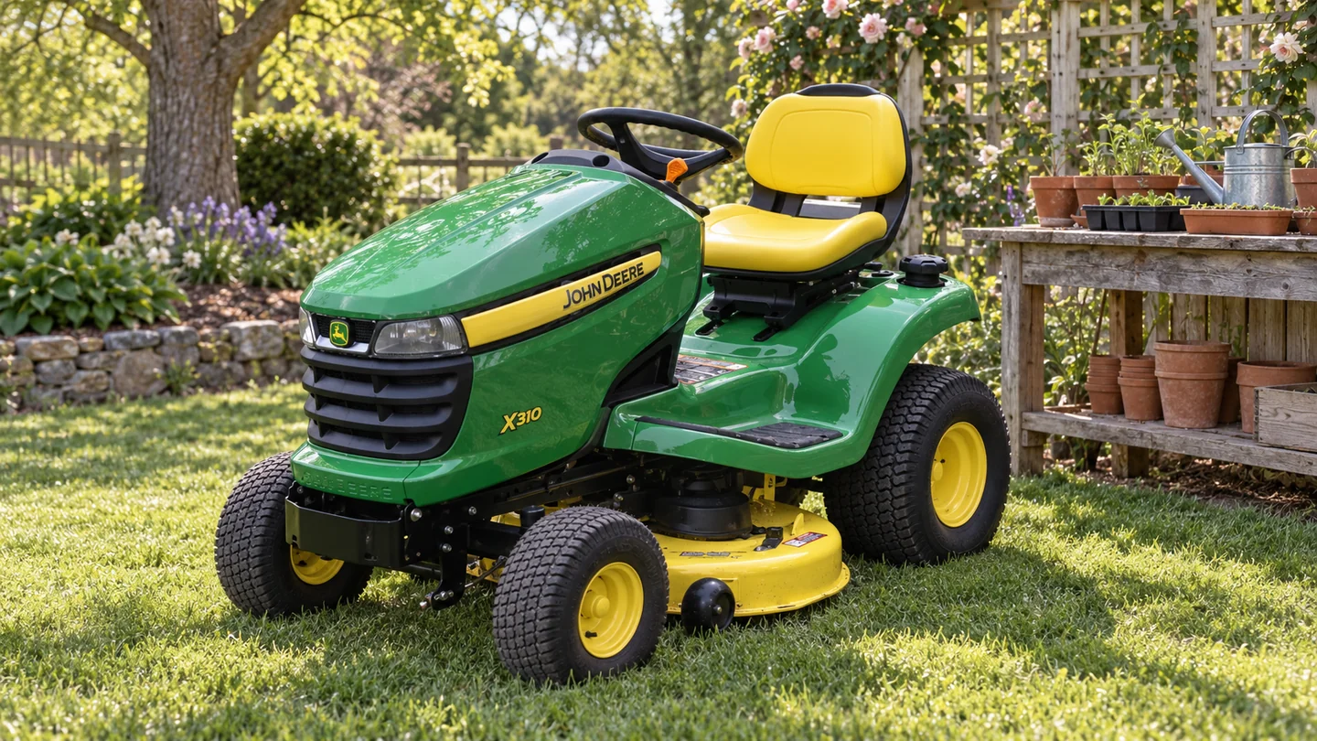 John Deere X310 lawn tractor beside a potting bench with plant pots and seed trays.