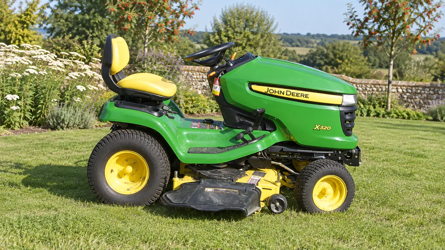 John Deere X320 lawn tractor beside white yarrow and a flint garden border.