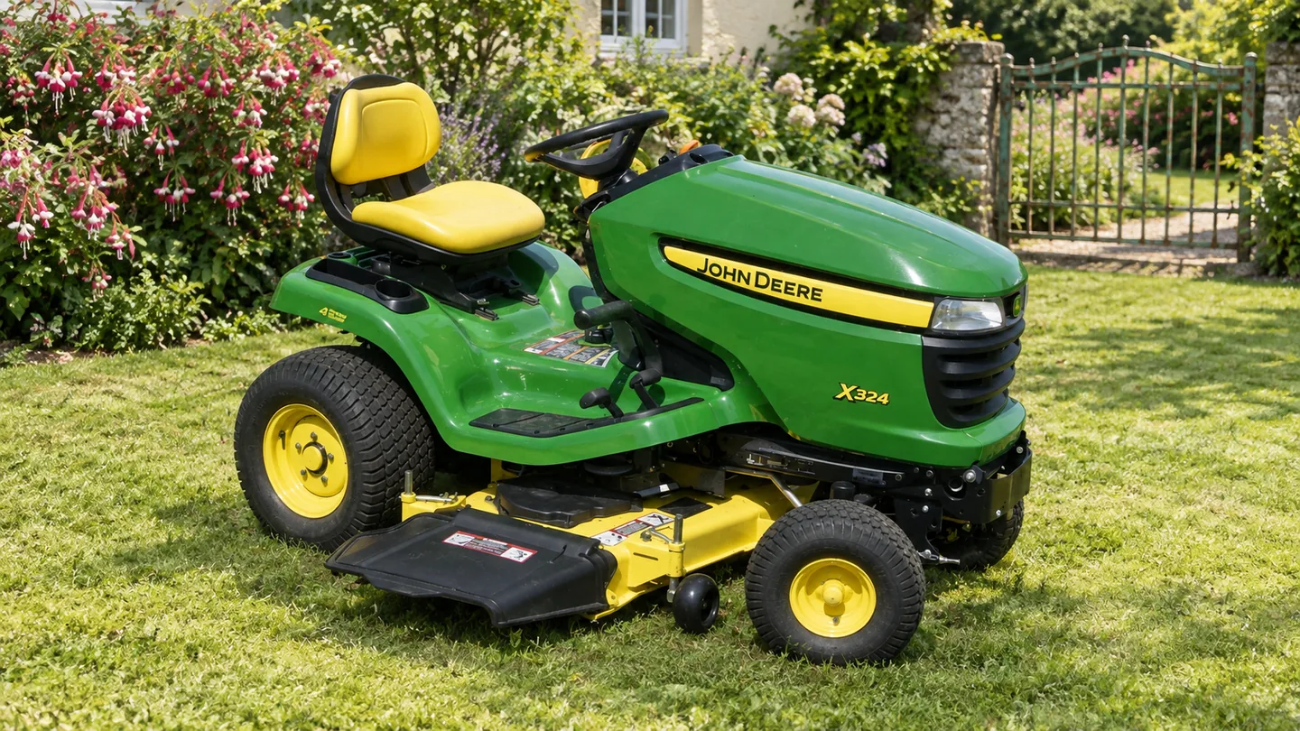 John Deere X324 lawn tractor beside pink fuchsias and a copper garden gate.