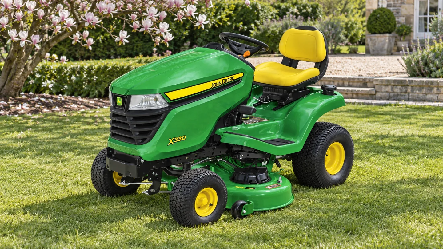John Deere X330 lawn tractor on a lawn beside a magnolia tree and terrace.