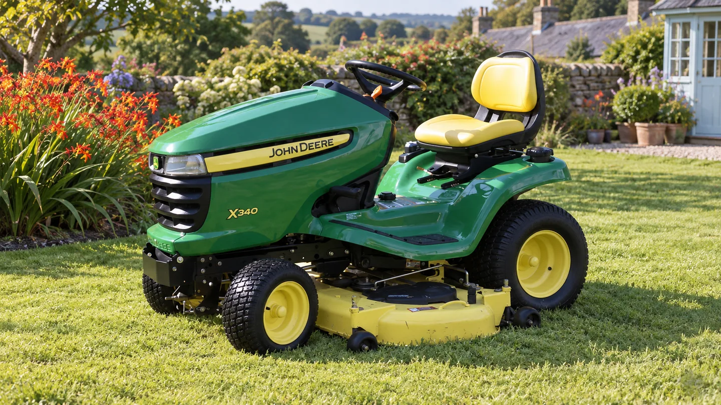 John Deere X340 lawn tractor beside crocosmia and a slate garden terrace.