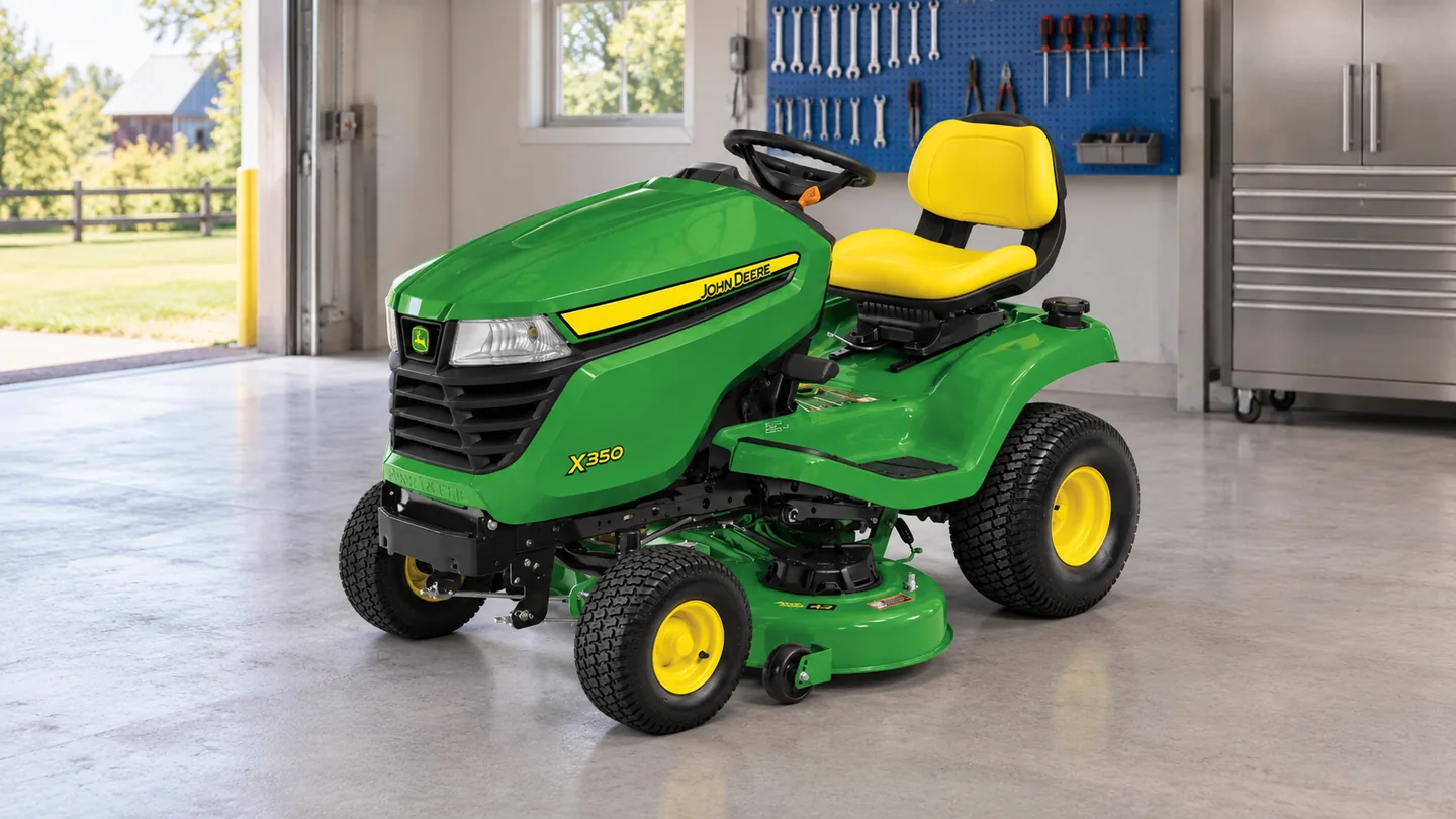 John Deere maintenance: an X350 lawn tractor in a dry service bay with a blue pegboard and a closed tool cabinet.