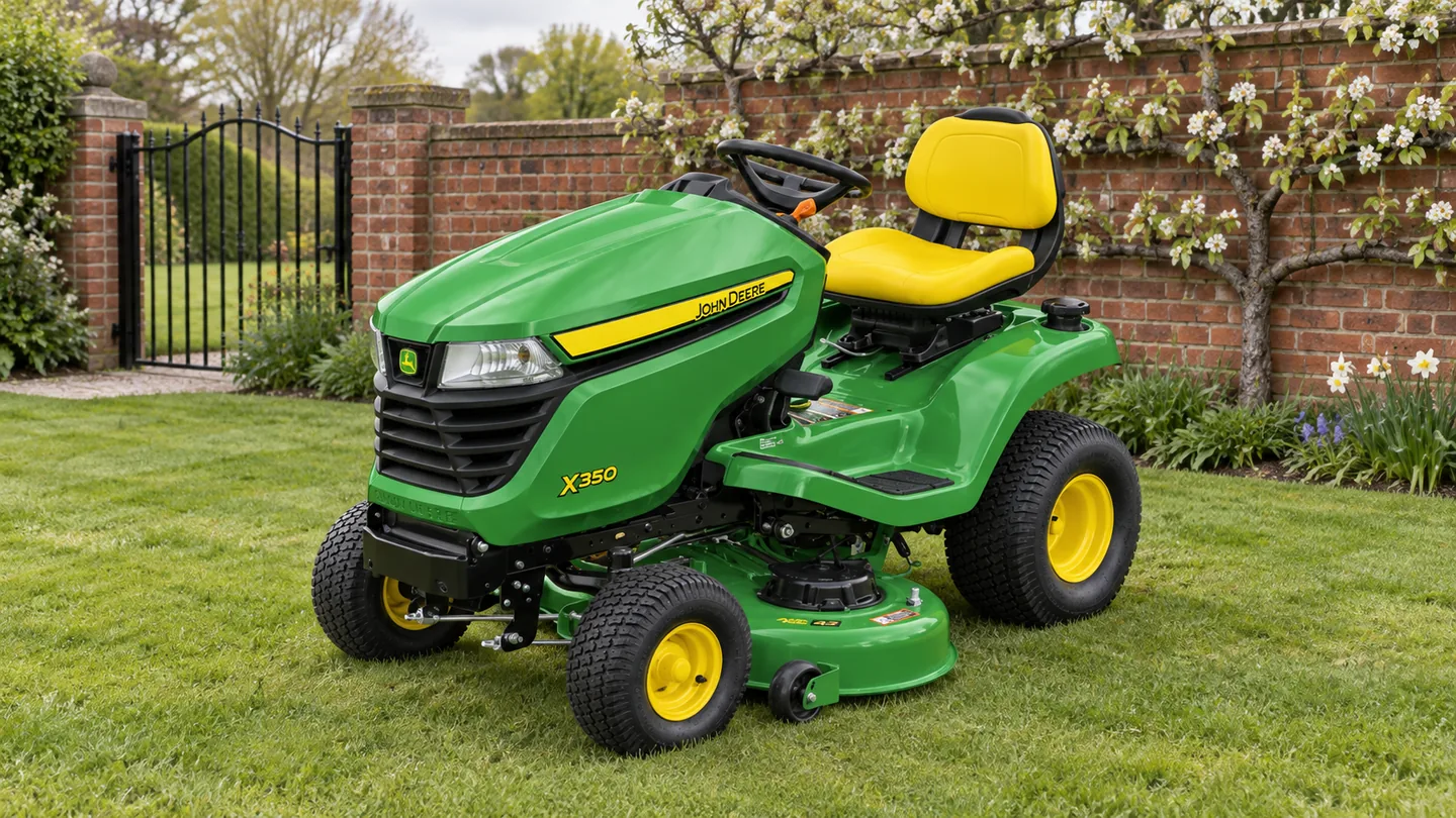 John Deere X350 riding mower on a lawn beside a brick garden wall.