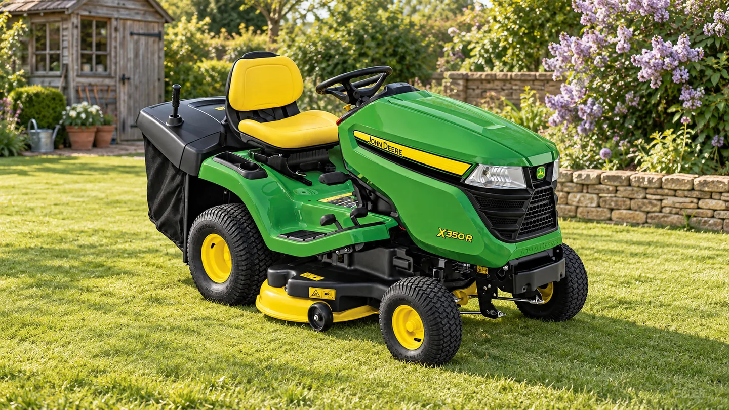 John Deere X350R lawn tractor with rear collector beside lilac and a sandstone wall.