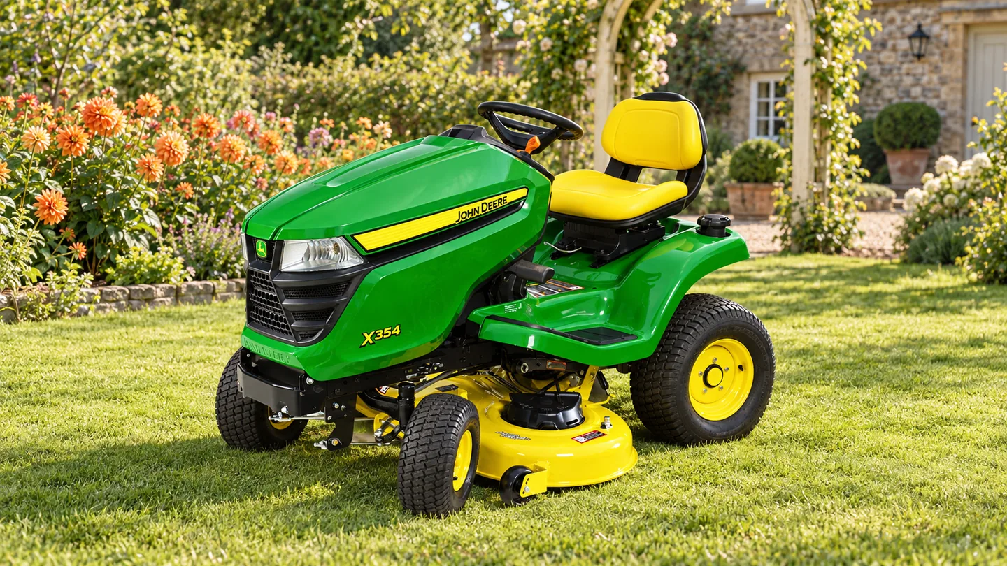 John Deere X354 lawn tractor beside orange dahlias and a cream garden arch.