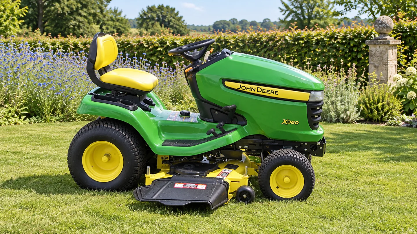 John Deere X360 lawn tractor beside blue cornflowers and a beech garden hedge.