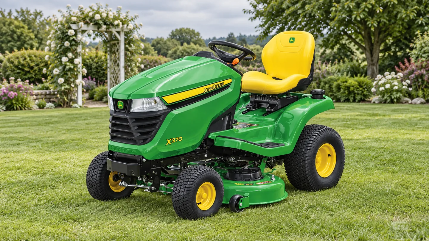 John Deere X370 lawn tractor on a lawn in front of a white rose arbor.