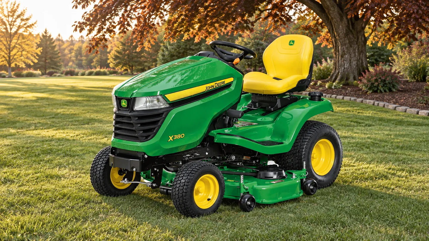 John Deere X380 lawn tractor on a lawn beneath a copper beech tree.