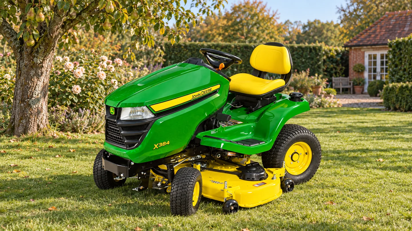 John Deere X384 lawn tractor beside a pear tree and pale roses.