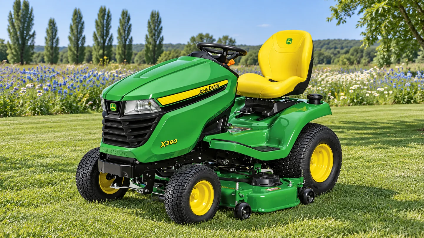John Deere X390 lawn tractor on a lawn beside a curved wildflower border.