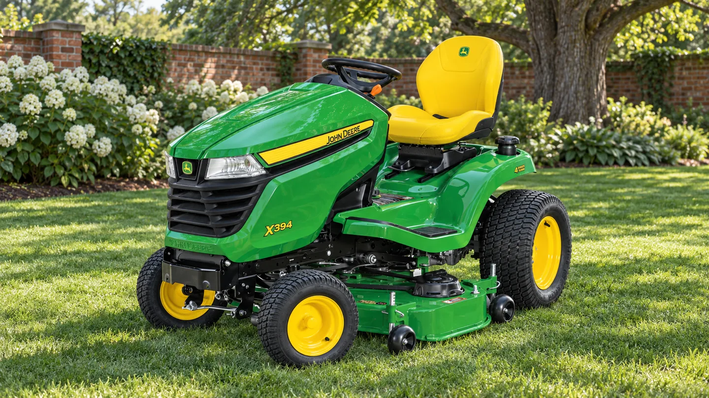 John Deere X394 lawn tractor beside white hydrangeas and a brick garden wall.