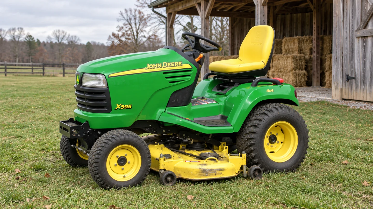 John Deere X595 garden tractor on a lawn beside a timber barn and stacked hay bales.