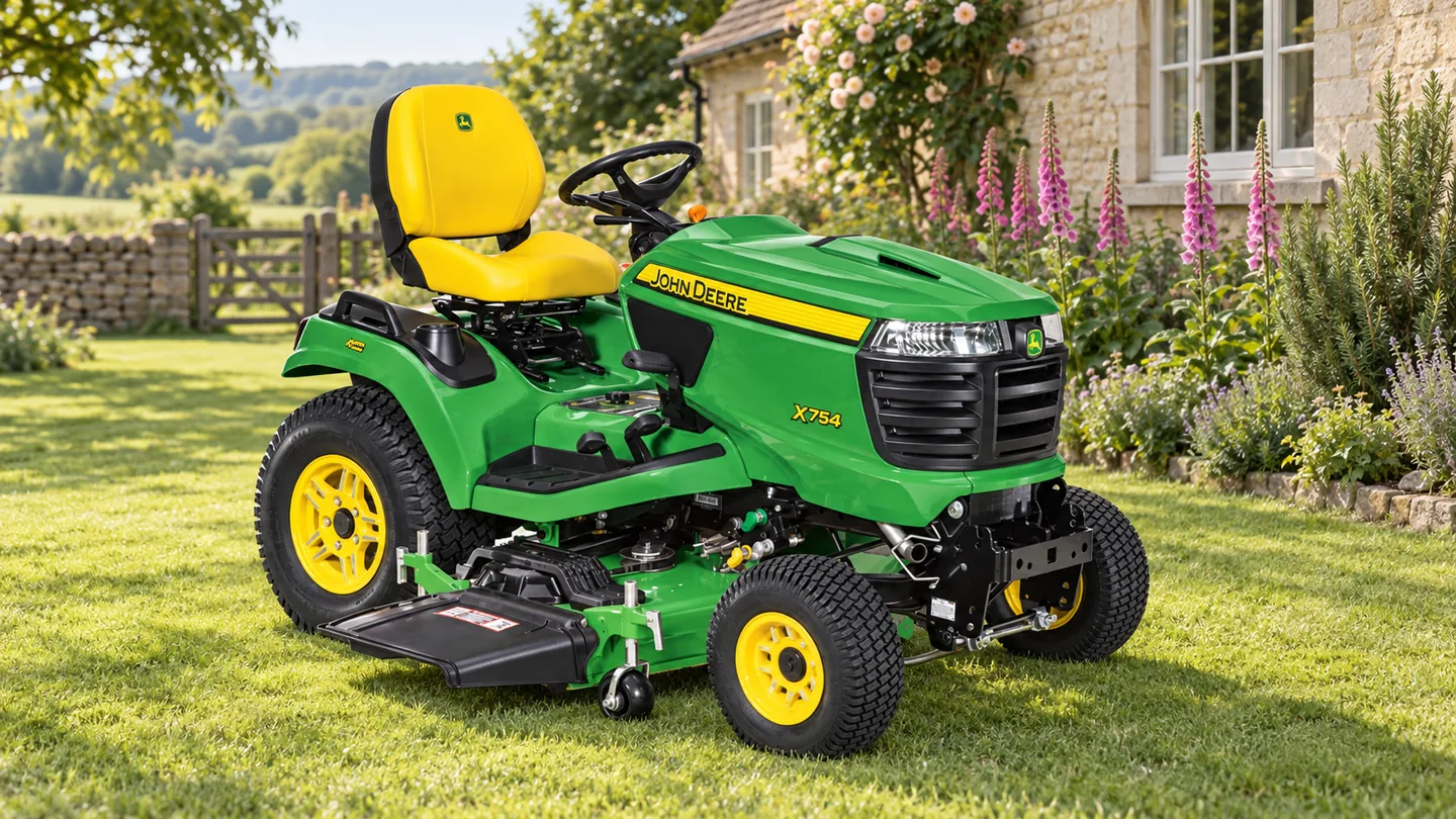 John Deere X754 lawn tractor beside a stone cottage and pink foxgloves.