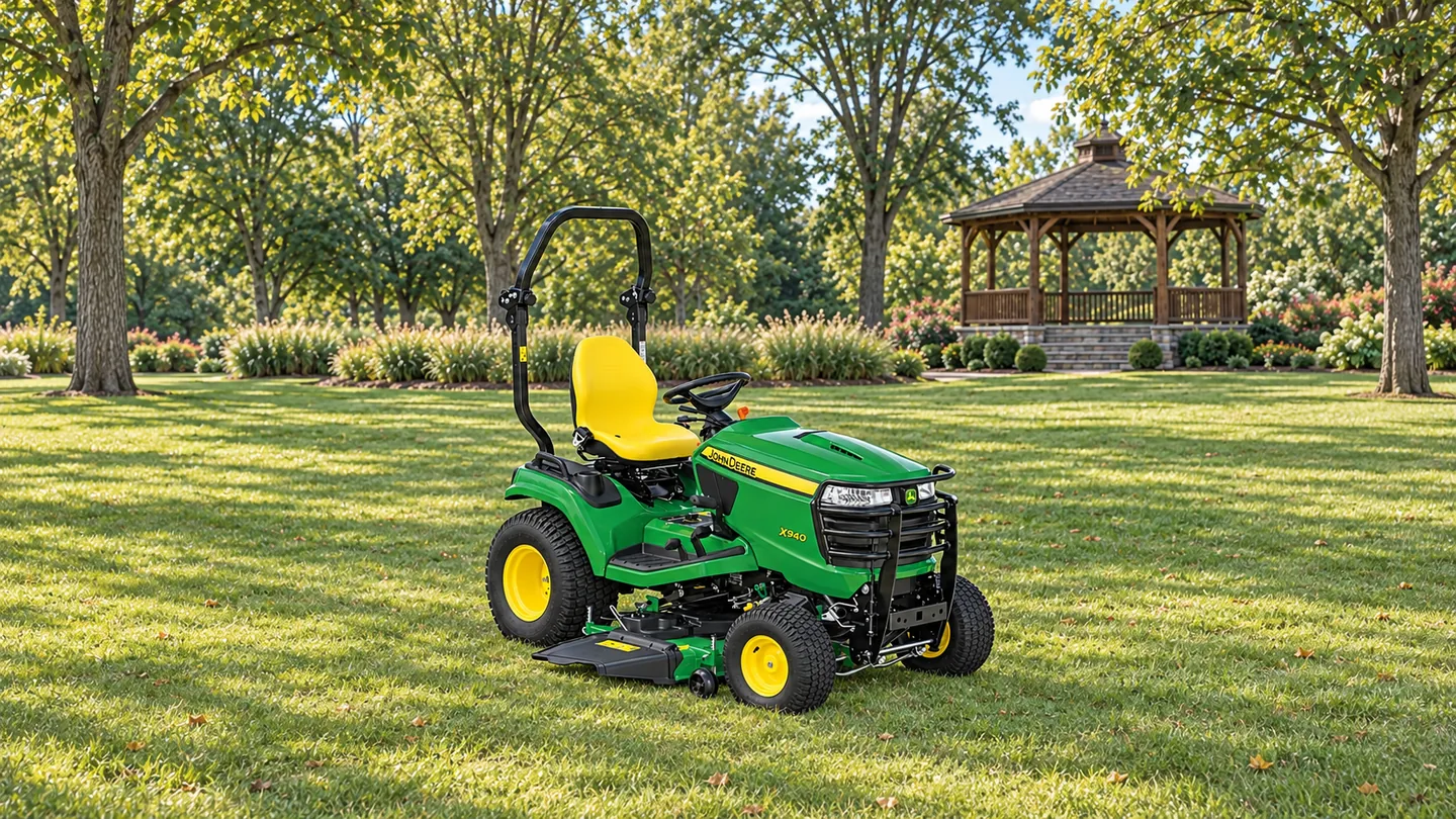 John Deere X940 lawn tractor with upright ROPS and a green mower deck on a park lawn beside a timber bandstand.