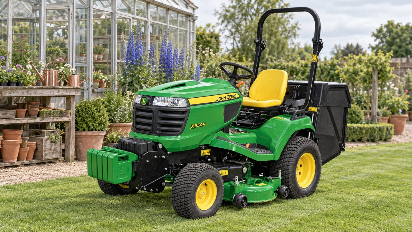 John Deere X950R with front weights and a grass collector beside a nursery glasshouse