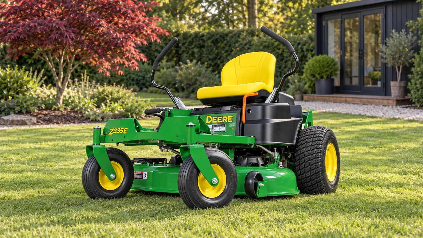 John Deere Z335E zero-turn mower with a green deck and yellow seat on a garden lawn beside a red maple.