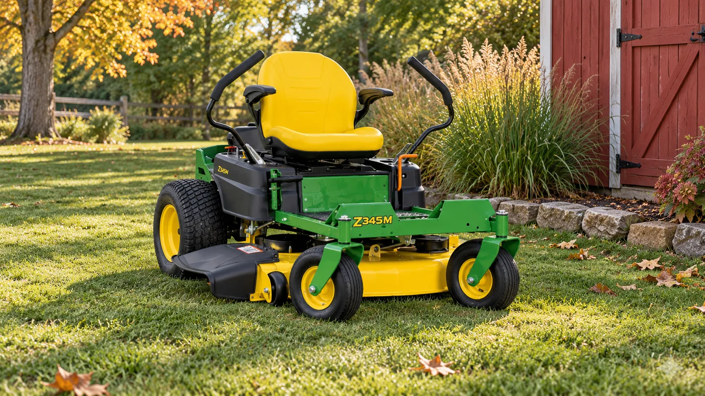 John Deere Z345M zero-turn mower on an autumn lawn beside a red garden shed.
