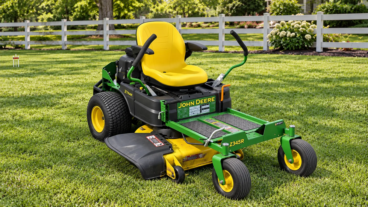John Deere Z345R with a yellow 42-inch mower deck parked on a level lawn beside a white rail fence.