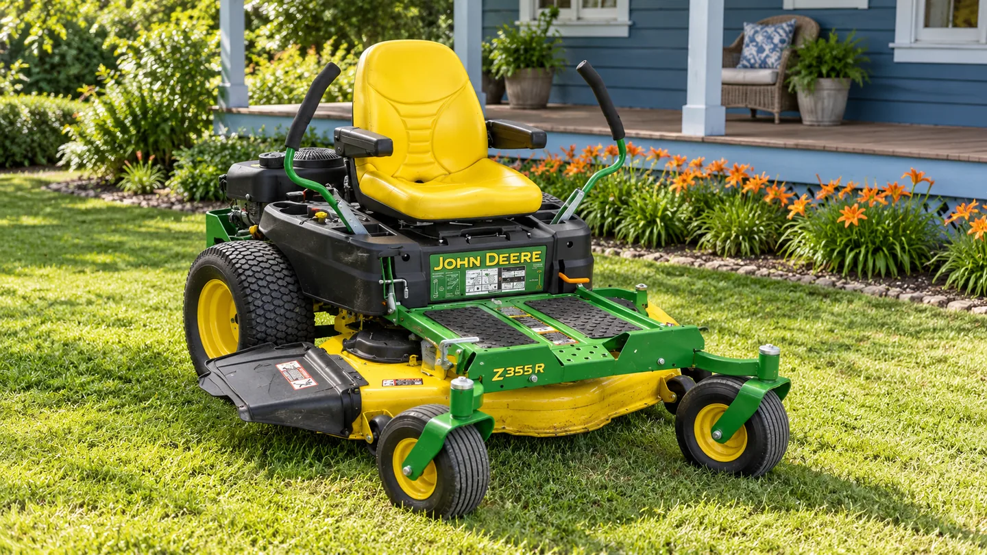 John Deere Z355R with a yellow mower deck parked beside a blue timber veranda and a flowering garden border.