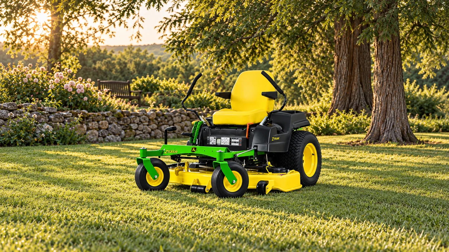 John Deere Z535R zero-turn mower with a yellow deck on a lawn beside a dry-stone wall.