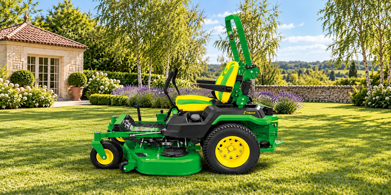 John Deere 60-inch zero-turn mower guide — a Z530R parked on a lawn beside lavender and a limestone garden pavilion.