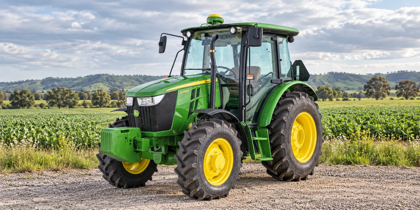 John Deere sustainability — a 5090E cab tractor beside green crop rows and a grassy field margin.