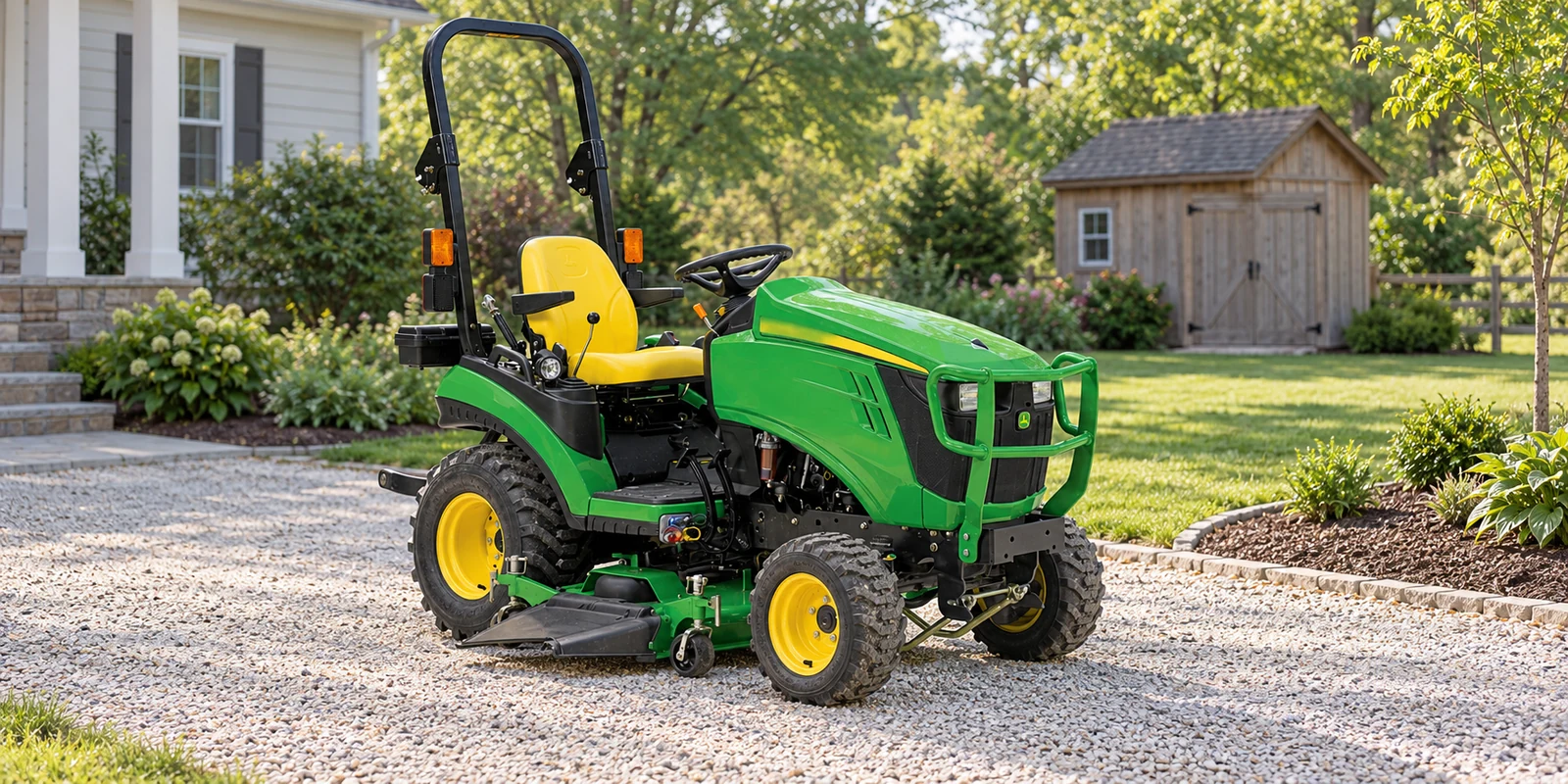 Landscaping equipment rental — a John Deere 1025R parked on a gravel driveway beside a lawn and planting bed.