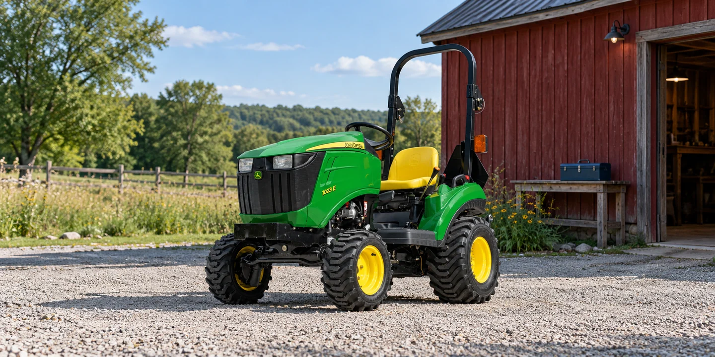 John Deere accessories — a 1023E parked beside a rural workshop and a closed toolbox.